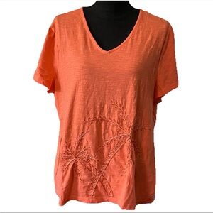 CHICO’S Size 3 or US 16 Coral Beaded Palm Trees Tee Shirt Short Sleeve V-Neck